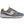 Gray and blue sneaker with a white sole on a white background