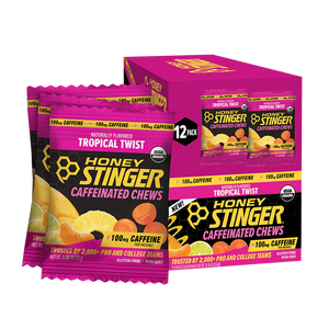 Honey Stinger caffeinated chews packaging with pink and black design on a white background