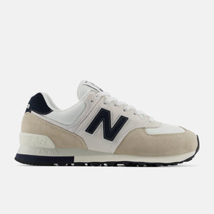 Beige and navy New Balance sneaker on a white background