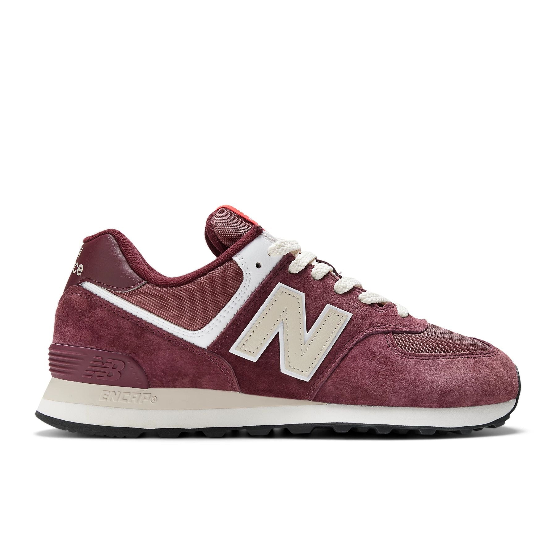 Lateral view of the Men's 574 in Maroon/Grey