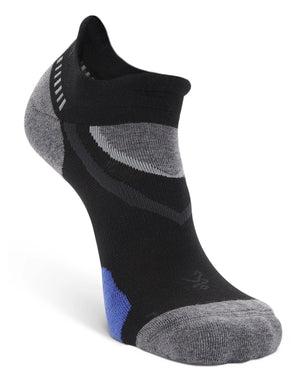 Black ankle sock with gray and blue accents on a white background
