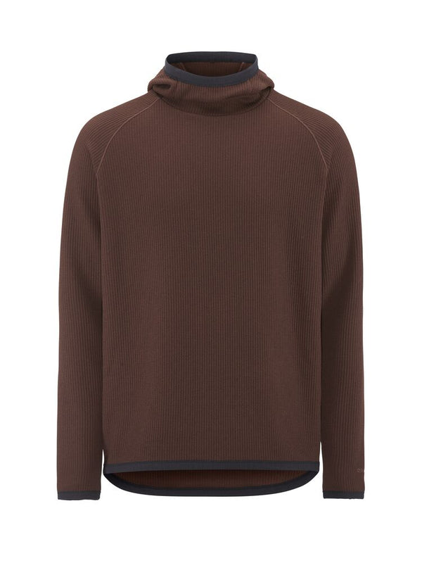 Brown ribbed sweater with a hood on a white background