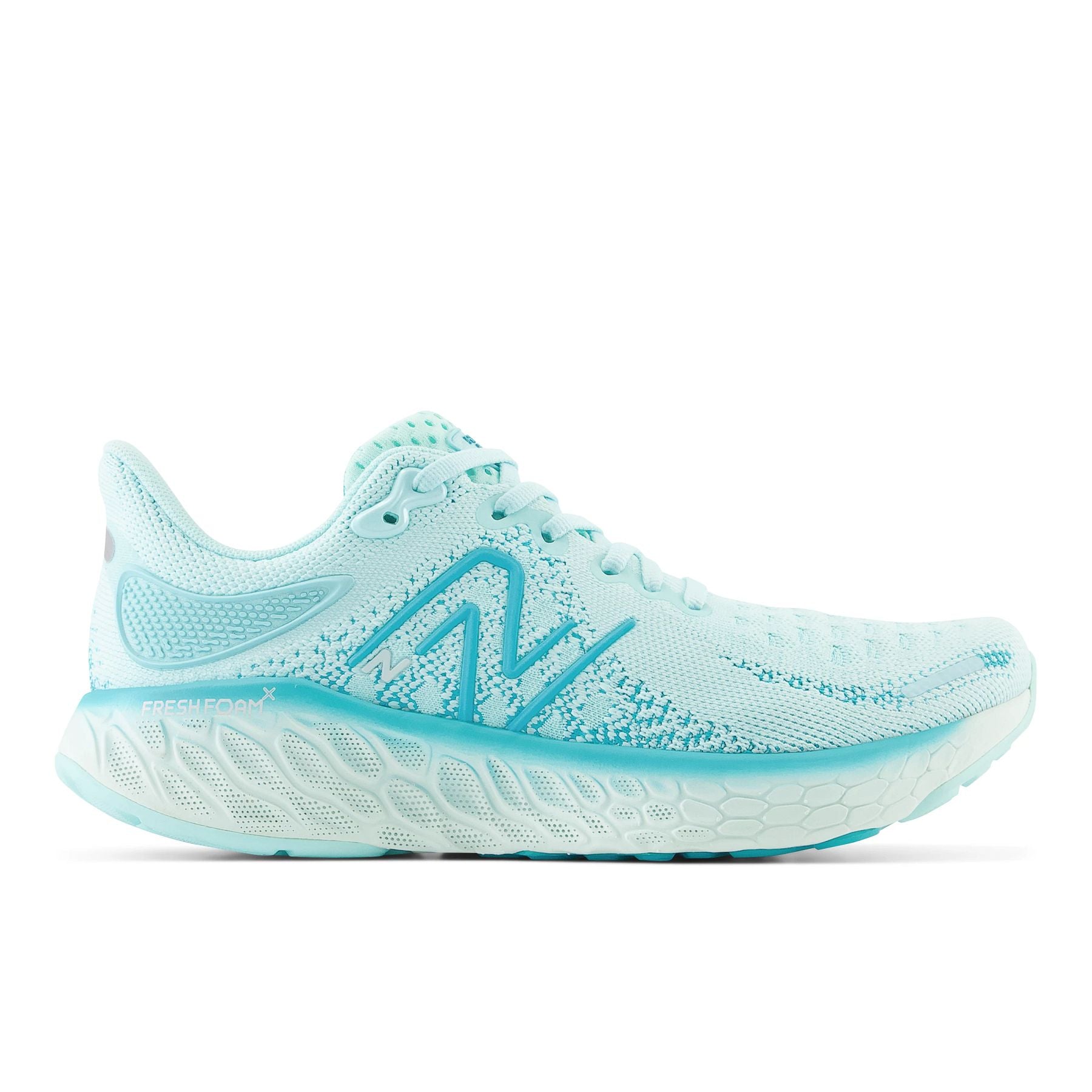 Lateral view of the Women's 1080 V12 by New Balance in the color Bright Cyan/Virtual Blue