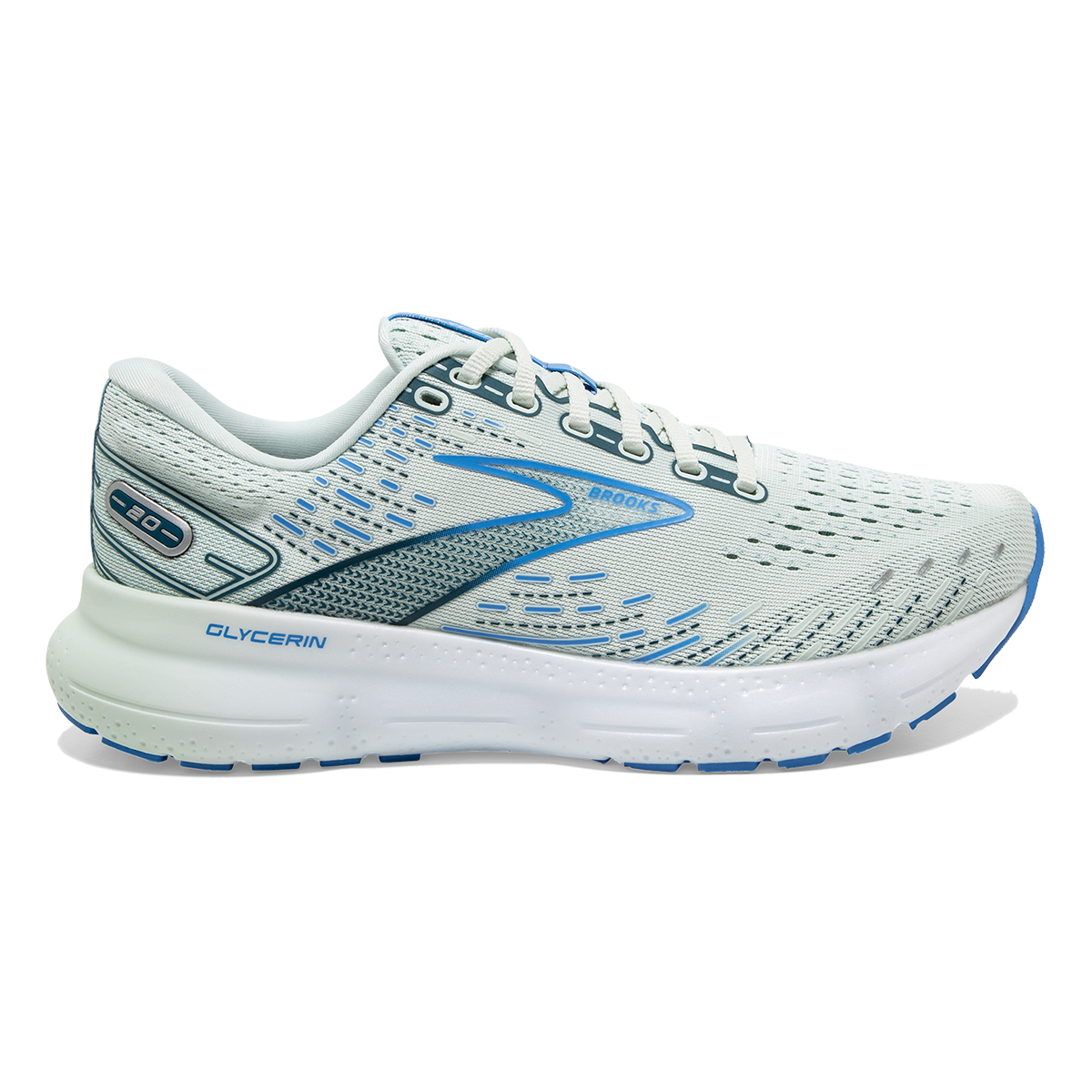 Lateral view of the Women's Glycerin 20 by Brook's in the color Blue Glass/Marina/Legion Blue