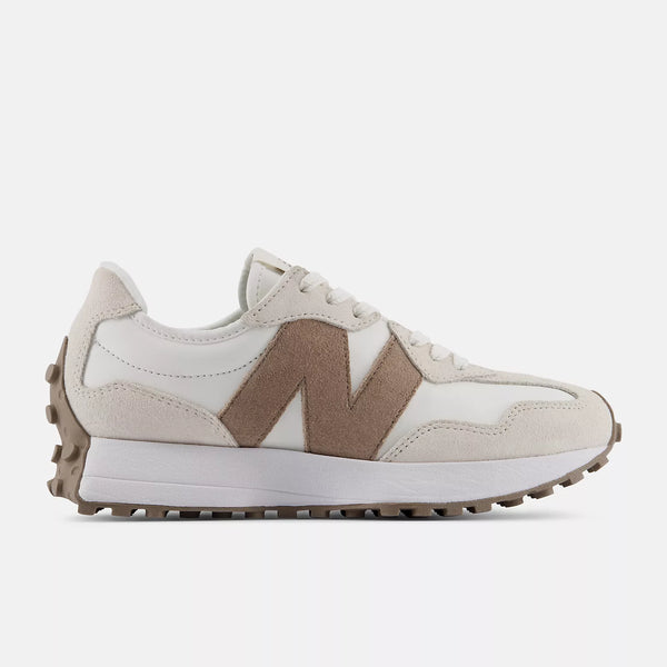 Beige and brown sneaker with New Balance logo on a white background