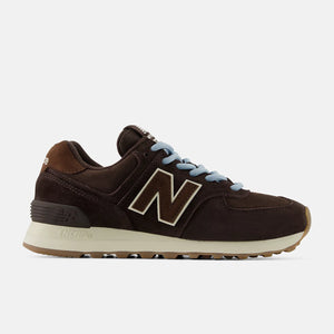 Brown New Balance sneaker with white logo on a light gray background
