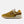 A New Balance 574 sneaker in a mustard yellow and brown colorway, featuring a white outlined 'N' logo on the side, cream midsole, and brown gum outsole, shown in profile against a light gray background.