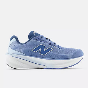 Blue running shoe with New Balance logo on a light gray background
