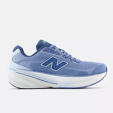 Blue running shoe with New Balance logo on a light gray background