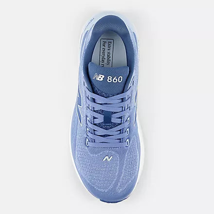Blue running shoe with New Balance logo on a light gray background