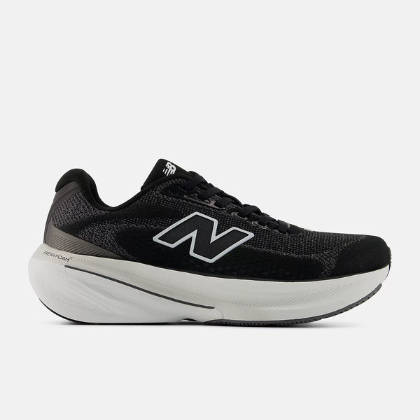 Running shoe with a black upper and N New Balance logo with a white midsole.