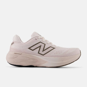 White running shoe with black logo on a white background and a mesh upper that looks very comfortable.