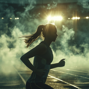 Side view of a female running.  She is a dark silhouette with steam and bright lights behind her.