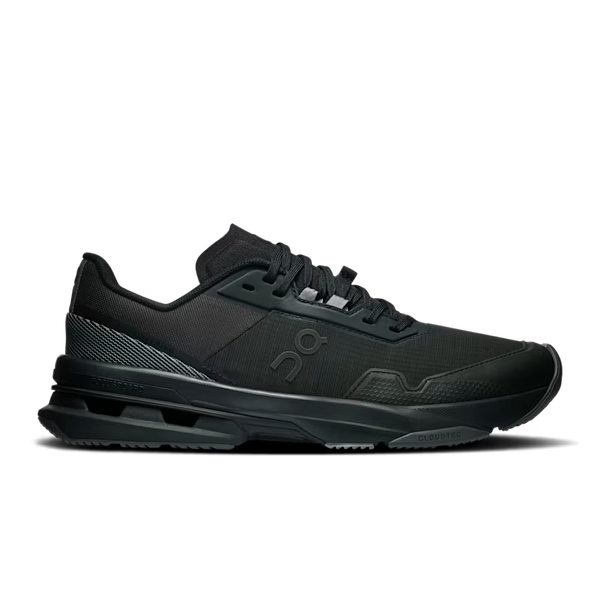 A black On running shoe shown in a side profile view against a solid white background.