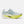 A New Balance running shoe in light gray and white with a light blue 'N' logo and a bright neon yellow midsole, shown from a side profile on a light gray background.