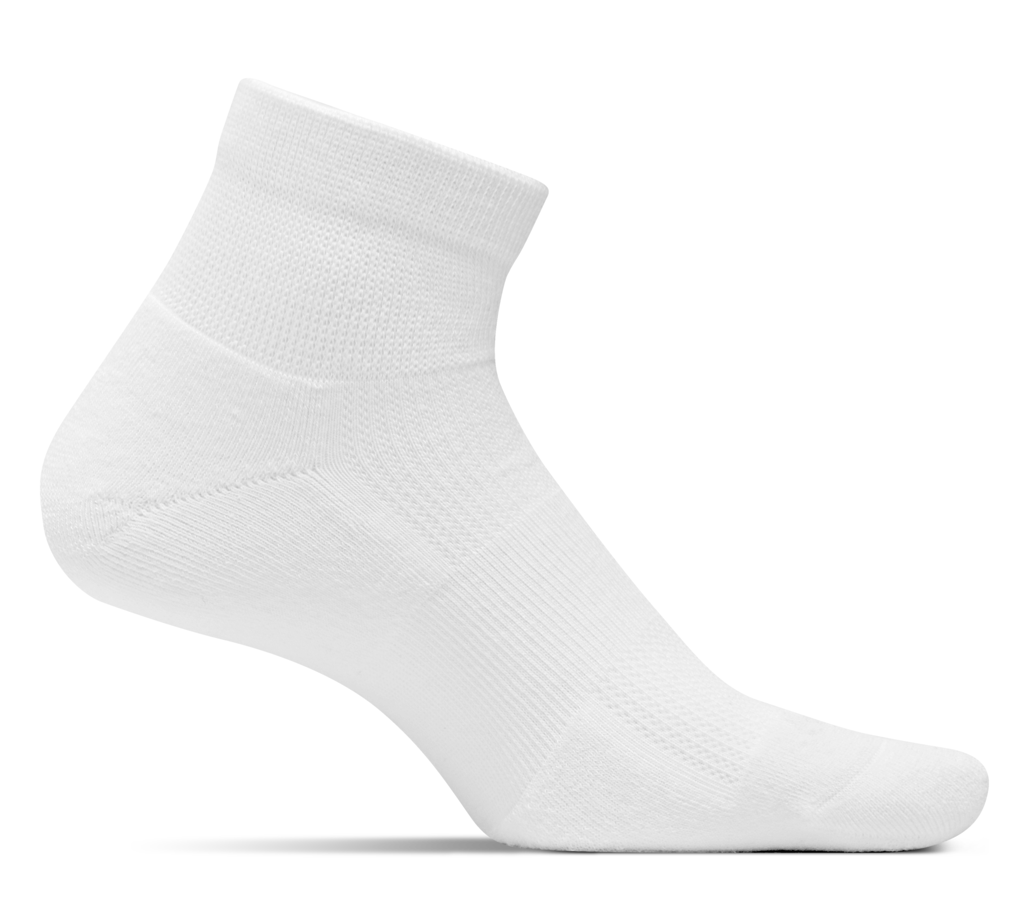 Medial view of the Feetures Diabetic Quarter height sock in the color white.