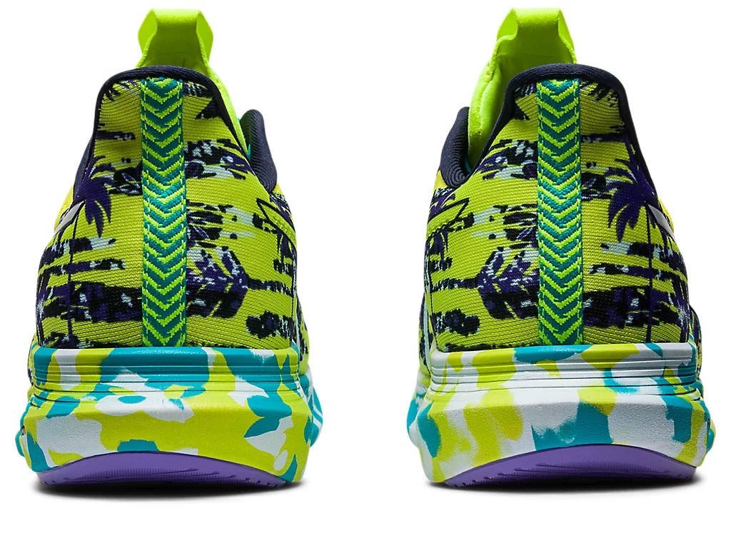 Back view of the Men's ASICS Noosa Tri 14 in the color Lime Zest/Sky