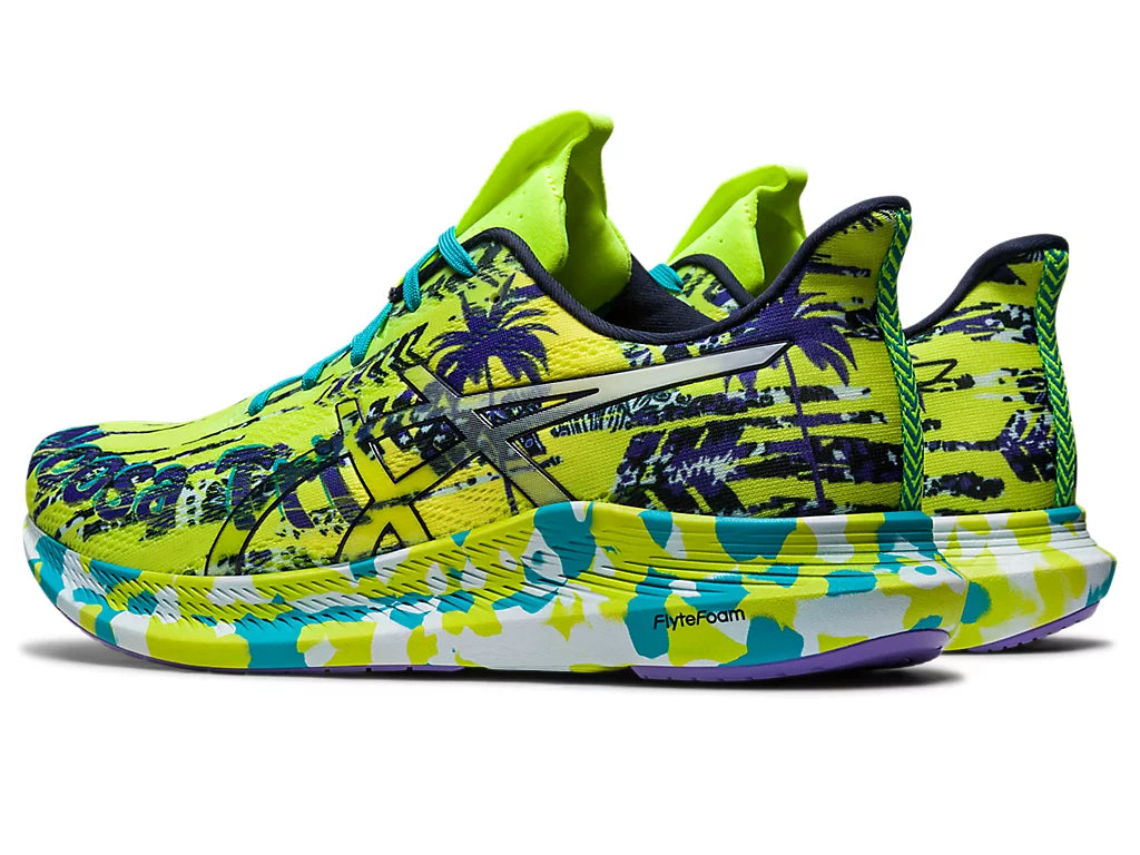 Back angled view of the Men's ASICS Noosa Tri 14 in the color Lime Zest/Sky
