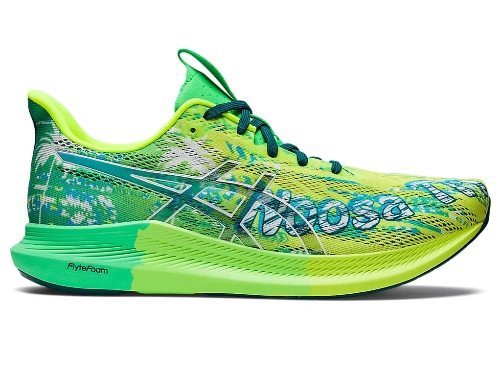 Lateral view of the Men's ASICS Noosa Tri 14 in the color Safety Yellow / White