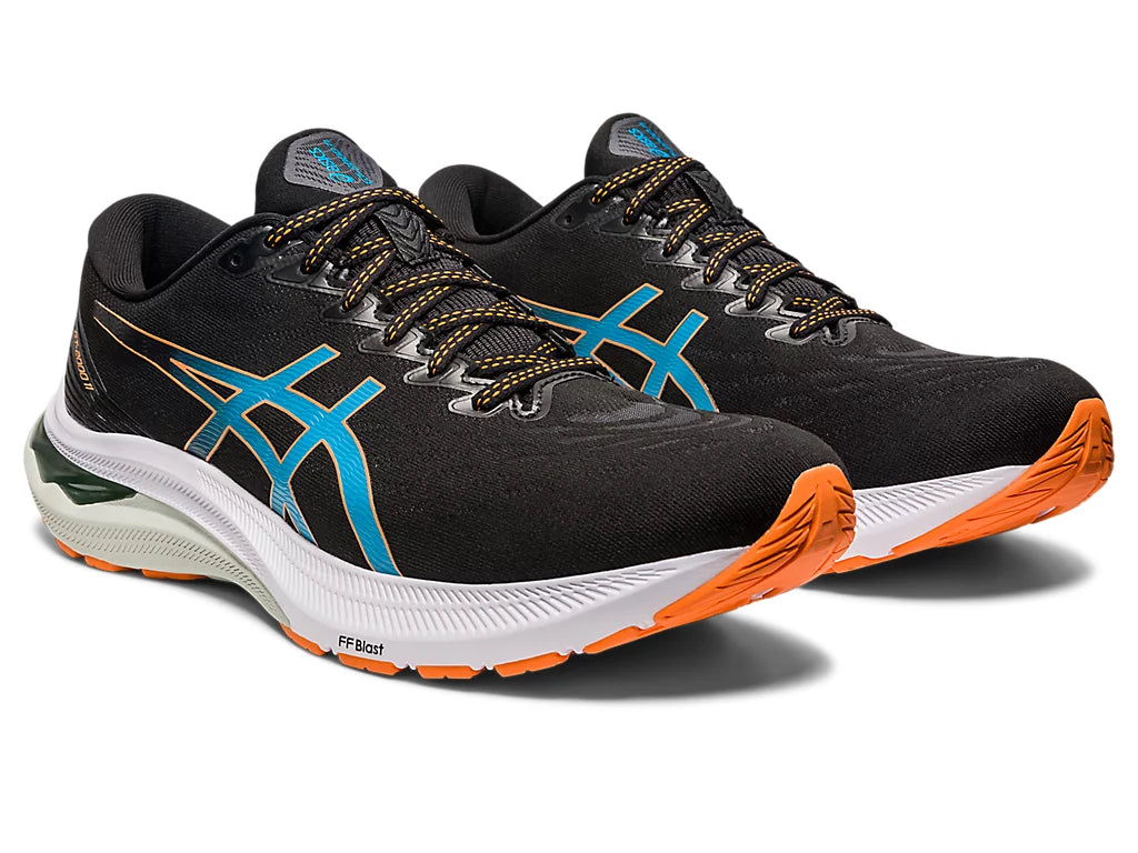 Front angled view of the Men's GT 2000 version 11 by ASICS in the color Black/Sun Peach