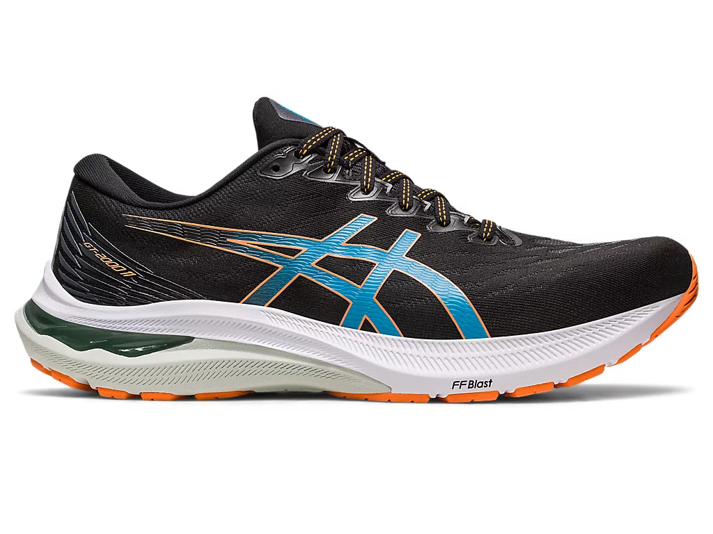 Lateral view of the Men's ASICS GT 2000 version 11 in a wide width "2E"- color Black/Sun Peach