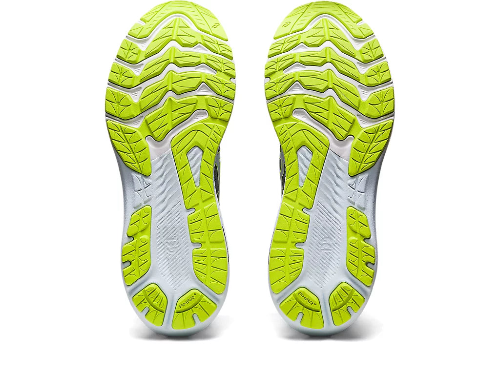 Bottom (outer sole) view of the Men's ASICS GT 2000 Version 11 in the color Metropolis / Lime Zest