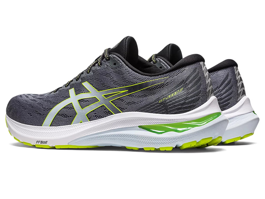Back angled view of the Men's ASICS GT 2000 Version 11 in the color Metropolis / Lime Zest