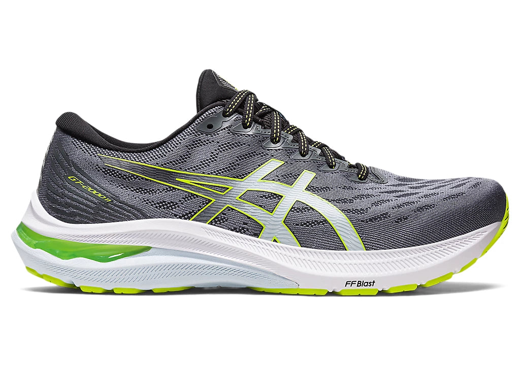Lateral view of the Men's ASICS GT 2000 Version 11 in the color Metropolis / Lime Zest