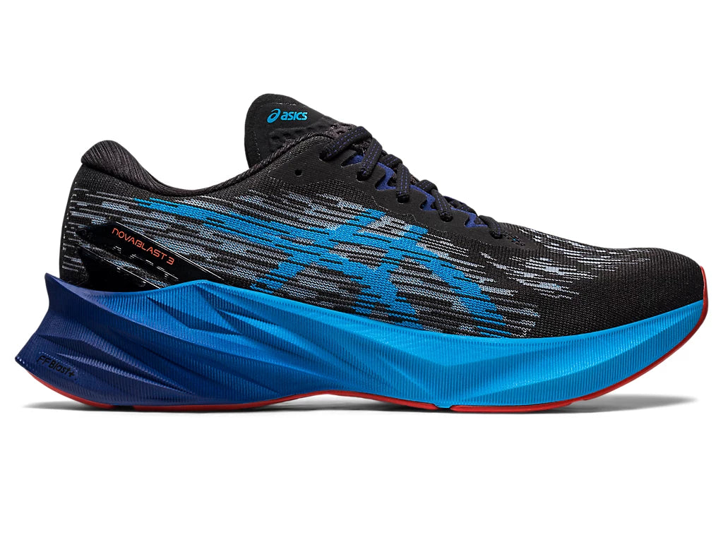 Lateral view of the Men's ASICS Nova Blast 3 in the color Black/Island Blue