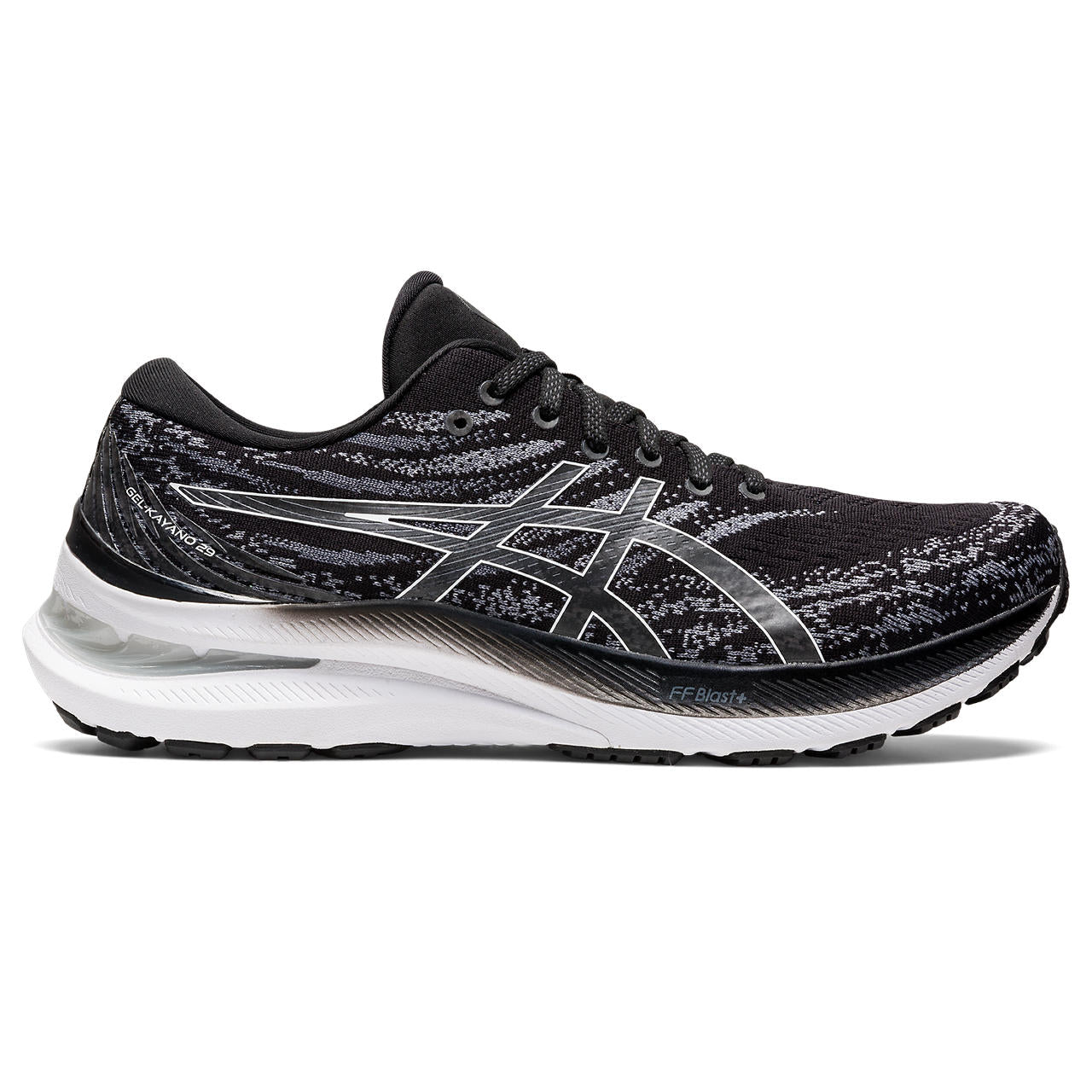 The Gel-Kayano 29 creates a stable running experience and a more responsive feel underfoot. Featuring a low-profile external heel counter, this piece comfortably cradles your foot with advanced rearfoot support. Asics also updated the midsole with FF BLAST PLUS cushioning. This model is the extra wide 4E width in black and white.