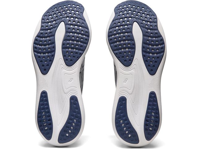 Bottom (outer sole) view of the Men's ASIC Gel Nimbus 25 in the color Sheet Rock/Indigo Blue