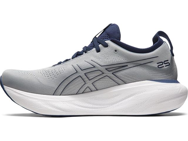 Medial view of the Men's ASIC Gel Nimbus 25 in the color Sheet Rock/Indigo Blue