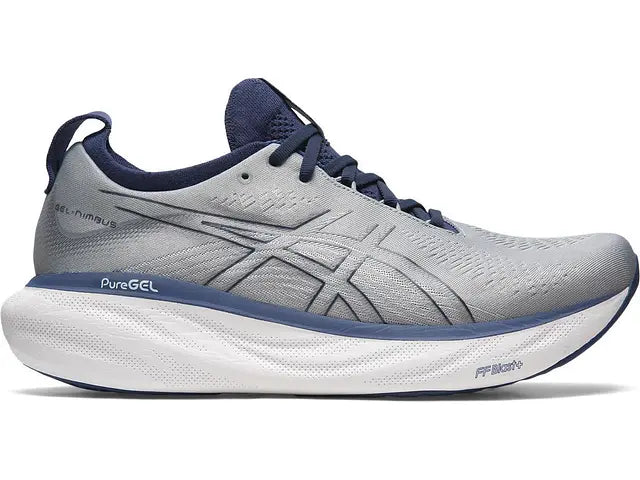 Lateral view of the Men's ASIC Gel Nimbus 25 in the color Sheet Rock/Indigo Blue