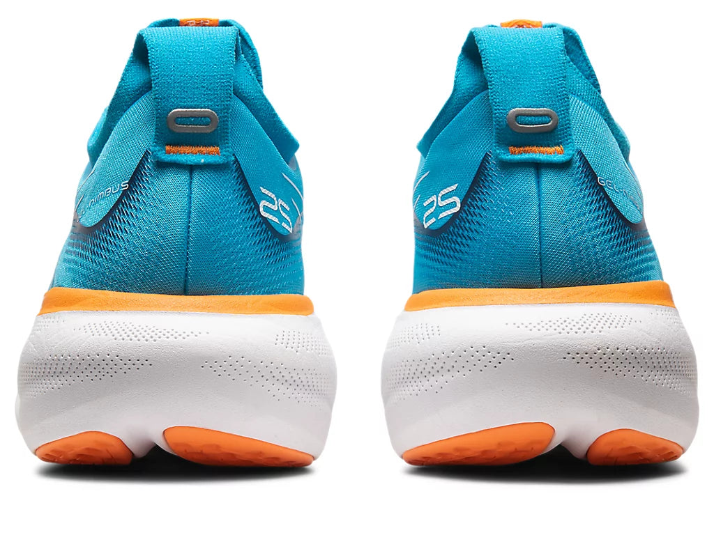 Back view of the Men's Nimbus 25 in the wide "2E" width in the color Island Blue / Sun Peach