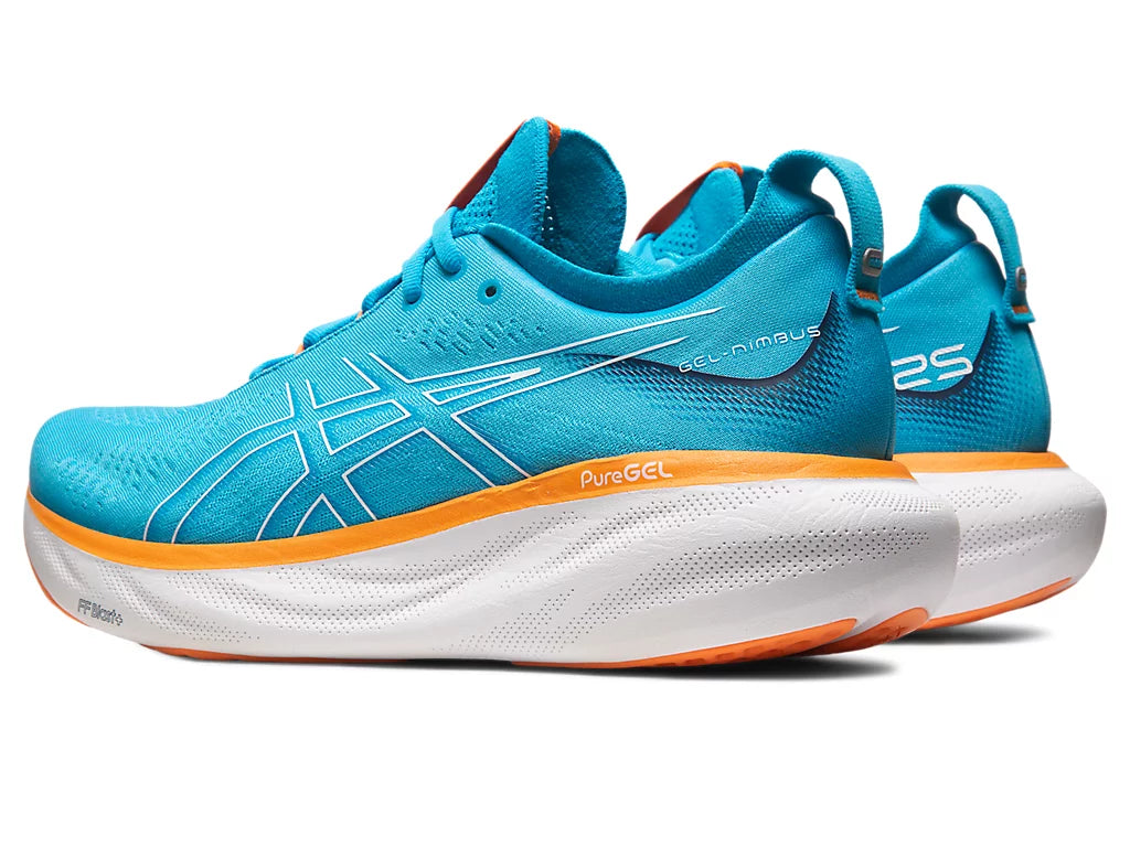 Back angled view of the Men's ASICS Gel Nimbus 25 in the color Island Blue / Sun Peach