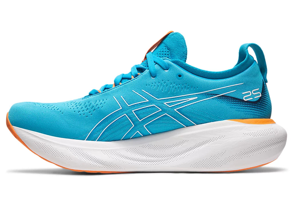 Medial view of the Men's Nimbus 25 in the wide "2E" width in the color Island Blue / Sun Peach