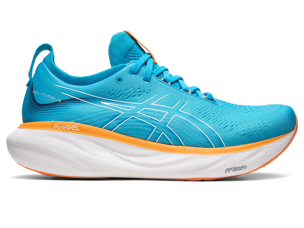 Lateral view of the Men's ASICS Gel Nimbus 25 in the color Island Blue / Sun Peach