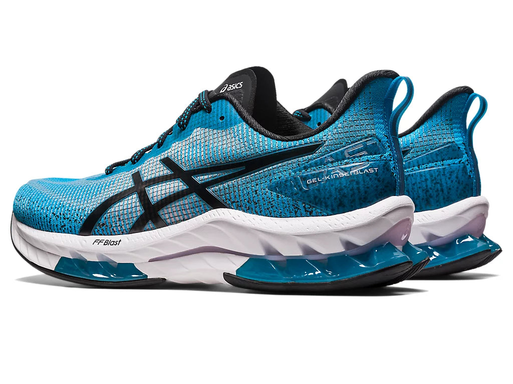 Back angled view of the Men's ASIC Kinsei Blast LE 2 in the color Island Blue