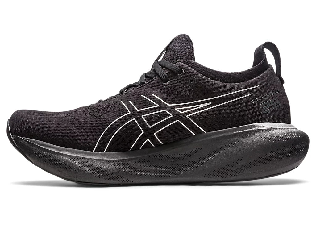 Medial view of the Men's ASICS Nimbus 25 Platinum in the color Black/Pure Silver