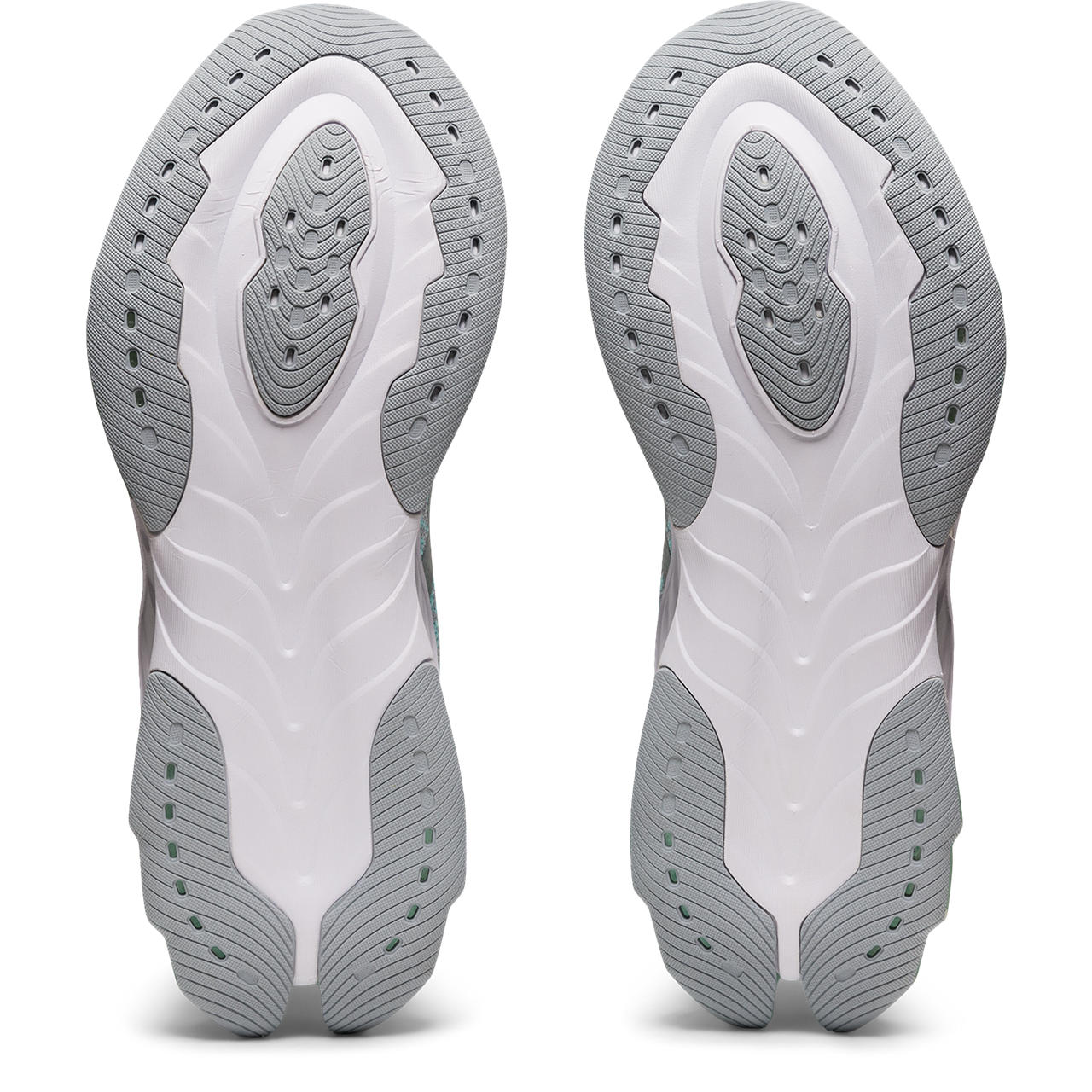 Bottom (outer sole) view of the Women's Kinsei Blast by ASIC in the color Glacier Grey/Piedmont Grey