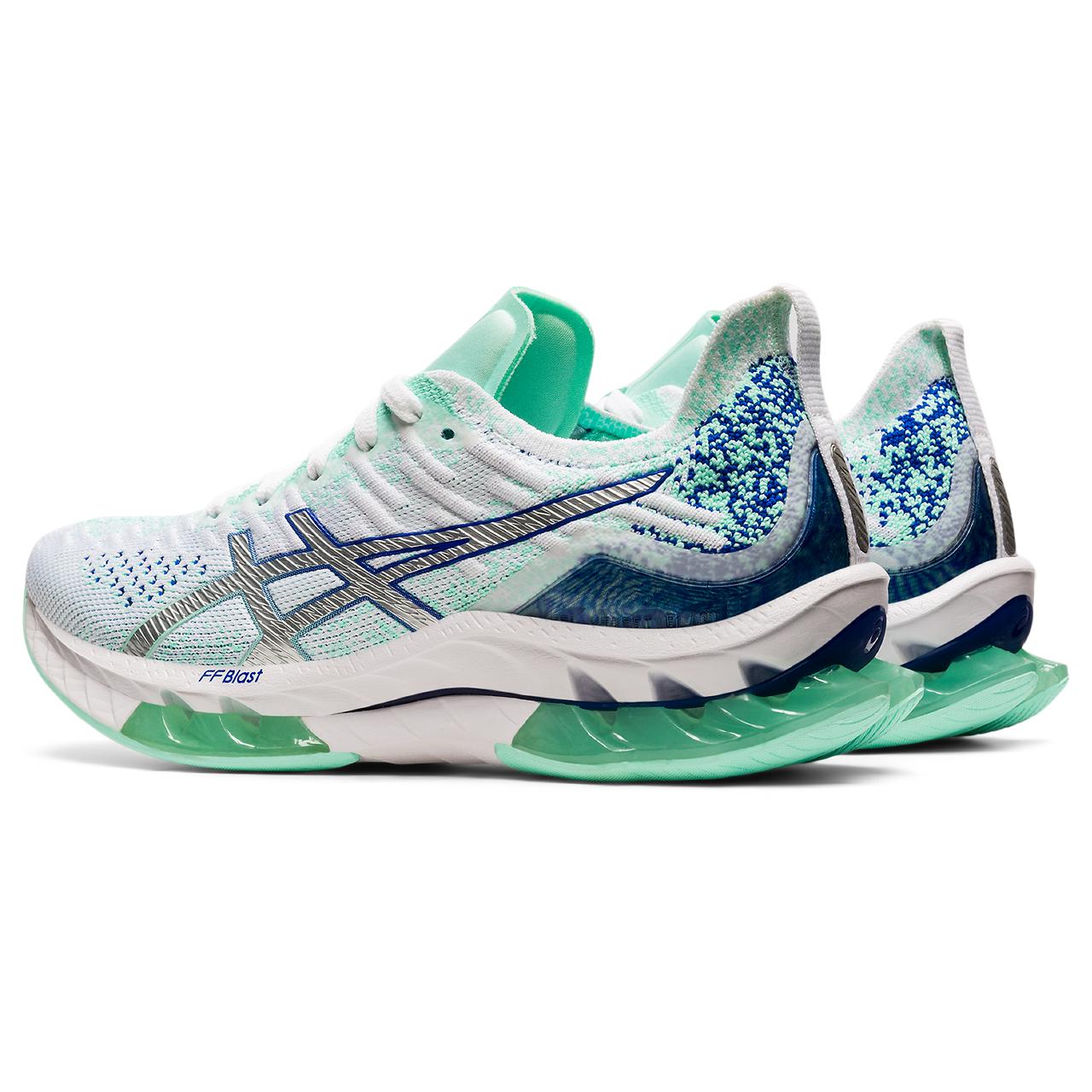 The Women's Kinsei Blast is designed for runners seeking a cushioned and smooth shoe.  The Gel in the heel and forefoot creates lots of cushioning during the landing phase- the shoe then propels you forward into that smooth transition.  ASICS also added a Pebax plate to the midsole that makes for fast transitions and lots of forward momentum.