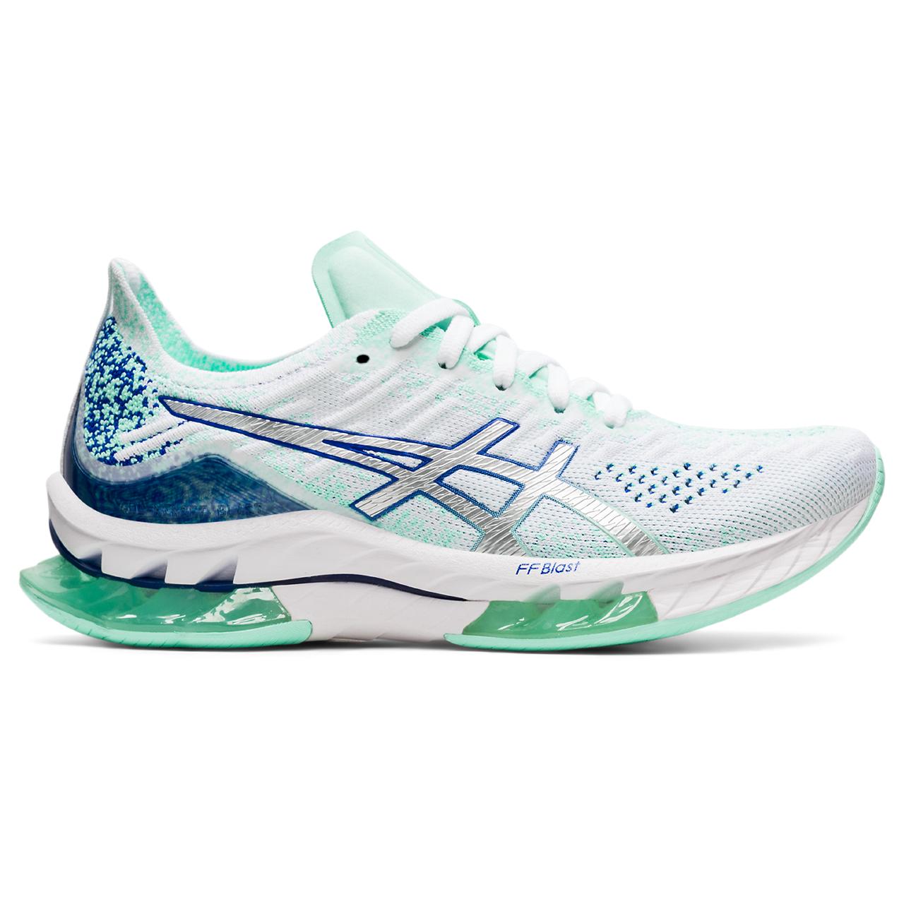 The Women's Kinsei Blast is designed for runners seeking a cushioned and smooth shoe.  The Gel in the heel and forefoot creates lots of cushioning during the landing phase- the shoe then propels you forward into that smooth transition.  ASICS also added a Pebax plate to the midsole that makes for fast transitions and lots of forward momentum. This product is in the color White/Pure Silver.