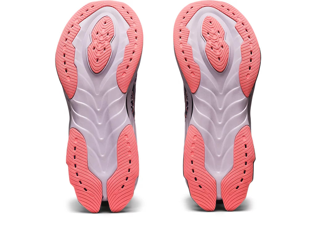 Bottom (outer sole) view of the Women's Kinsei Blast by ASIC in the color Dusty Purple/Papaya