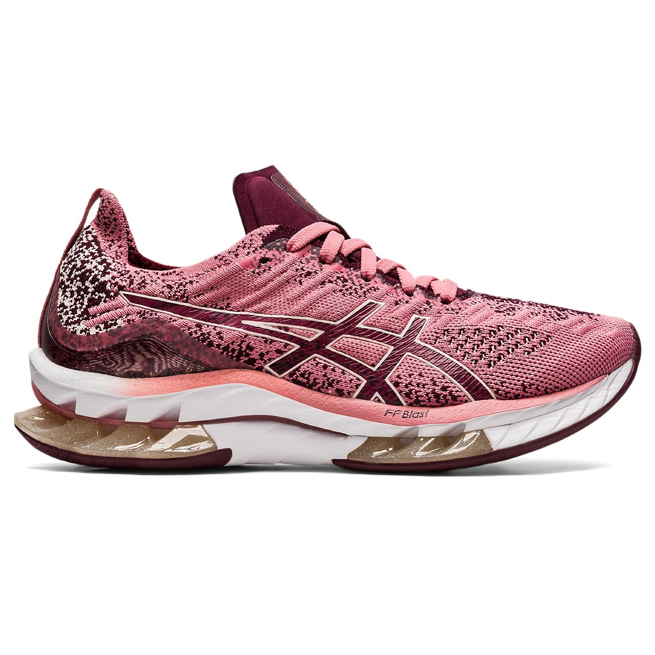 The Women's ASICS Kinsei is back and we are excited!  Years ago this was one of our best selling styles.  The Women's Kinsei Blast is designed for runners seeking a cushioned and smooth shoe.  The Gel in the heel and forefoot creates lots of cushioning during the landing phase- the shoe then propels you forward into that smooth transition.  ASICS also added a Pebax plate to the midsole that makes for fast transitions and lots of forward momentum. This product is in the color Smokey Rose/Deep Mars.