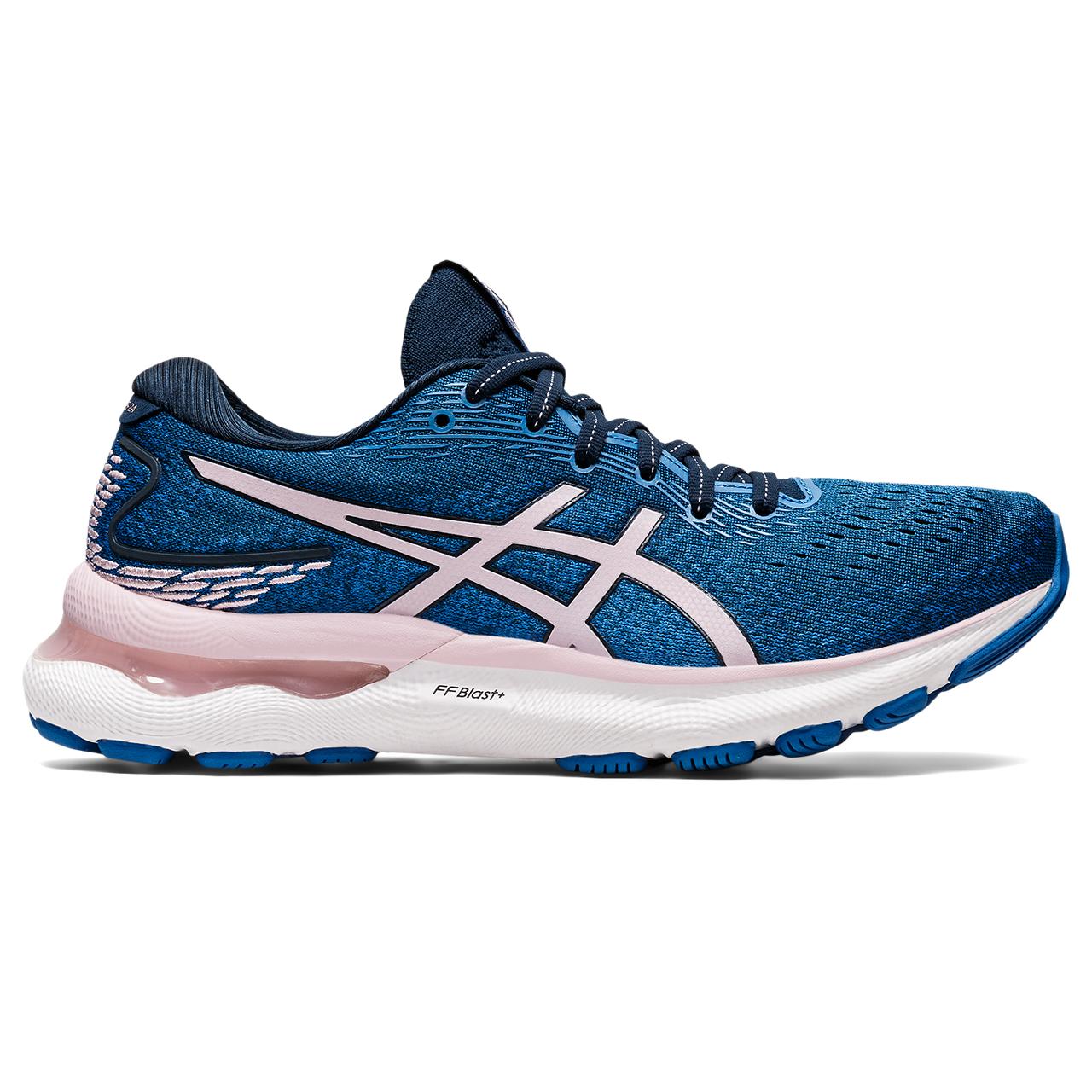 The Women's Nimbus 24 is one of the classics from ASICS.  It's been one of the best-selling cushioned neutral shoes for many years and will no doubt continue that trend with version 24. This version comes in the Wide Fit - "D" in the color way French Blue/Barely Rose