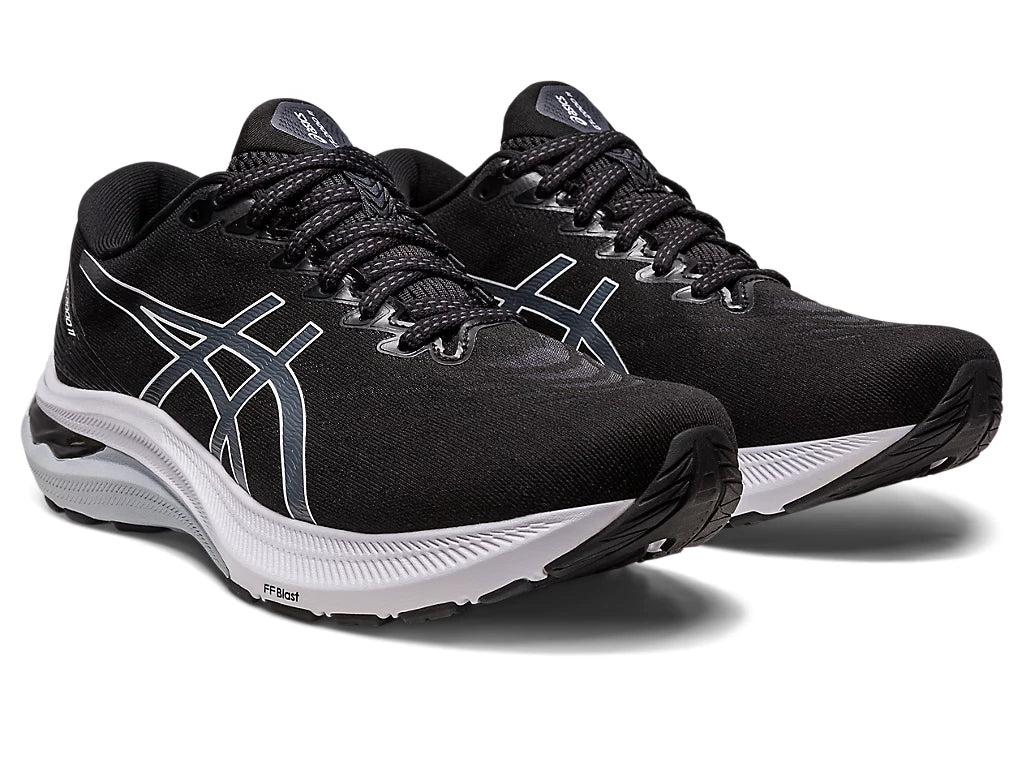 Front angled view of the Women's ASICS GT 2000 Version 11 in the wide "D" width - Color Black/White