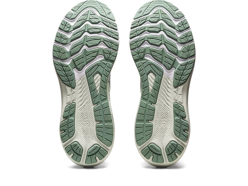 Bottom (outer sole) view of the Women's ASICS GT 2000 Version 11 stability shoe in the color Whisper Green / Pure Silver