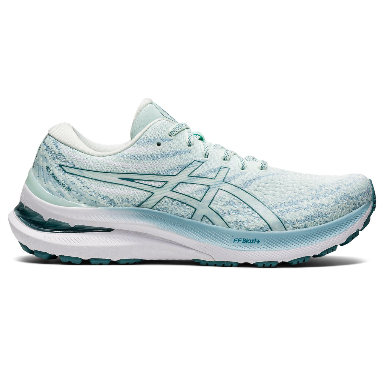 The Gel-Kayano 29 creates a stable running experience and a more responsive feel underfoot. Featuring a low-profile external heel counter, this piece comfortably cradles your foot with advanced rearfoot support. Asics also updated the midsole with FF BLAST PLUS cushioning.  This product is the color Soothing Sea / Misty Pine.
