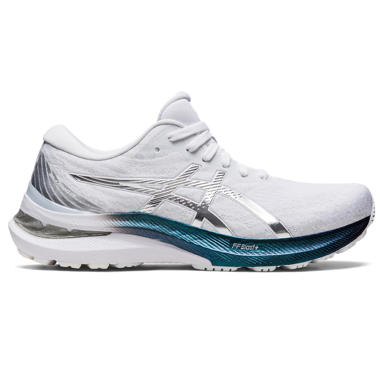 The Gel-Kayano 29 creates a stable running experience and a more responsive feel underfoot. It's colorway features silver accents on the upper that are complemented with an iridescent finish on the midsole. Featuring a low-profile external heel counter, this piece comfortably cradles your foot with advanced rearfoot support.  This is the Kayano Platinum model in the color White / Pure Silver.