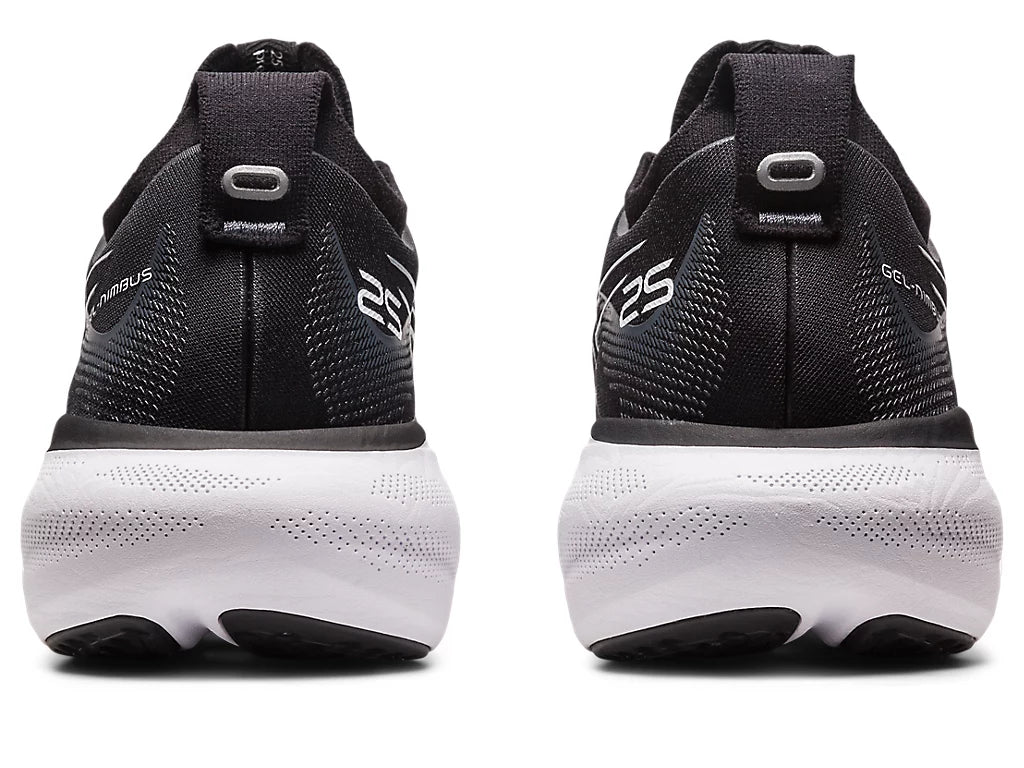 Back view of the Men's ASICS Gel Nimbus 25 in the Extra Wide Width "4E" in Black/Pure Silver